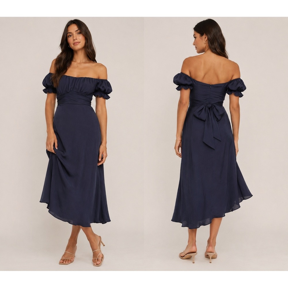 Saints & Secrets Satin Off Shoulder Midi Dress L Navy Blue Puff Sleeve Romantic